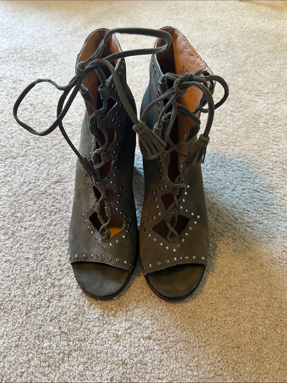 FRYE Lace-Up Peep Toe Studded Suede Ankle Booties - Olive Green, size 9